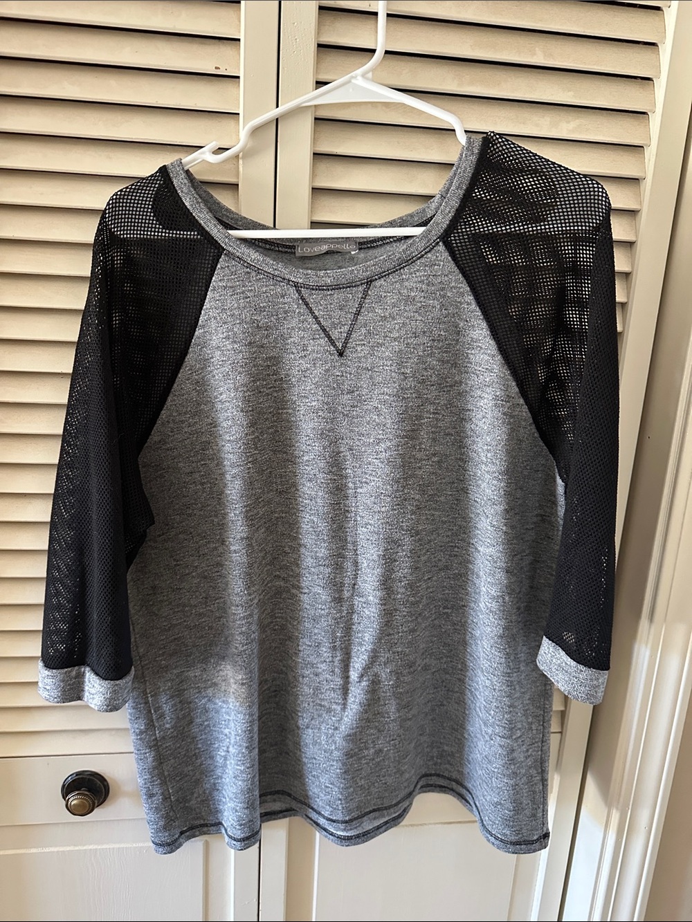 Loveappella Gray Top with Black Mesh Raglan Sleeves